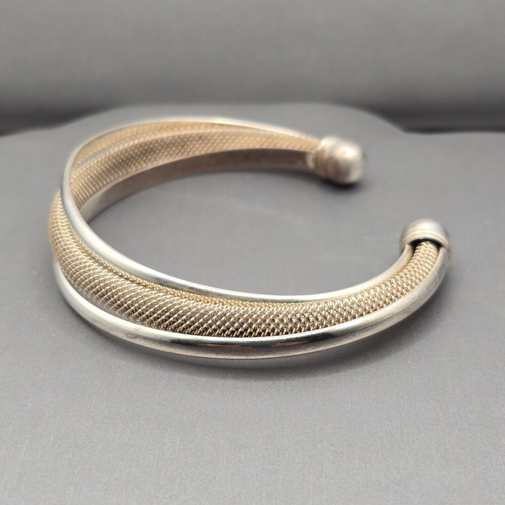 Sterling Silver Mesh Cuff Bracelet 7.5" Twisted Triple 925 Band Statement 33g - Picture 2 of 11